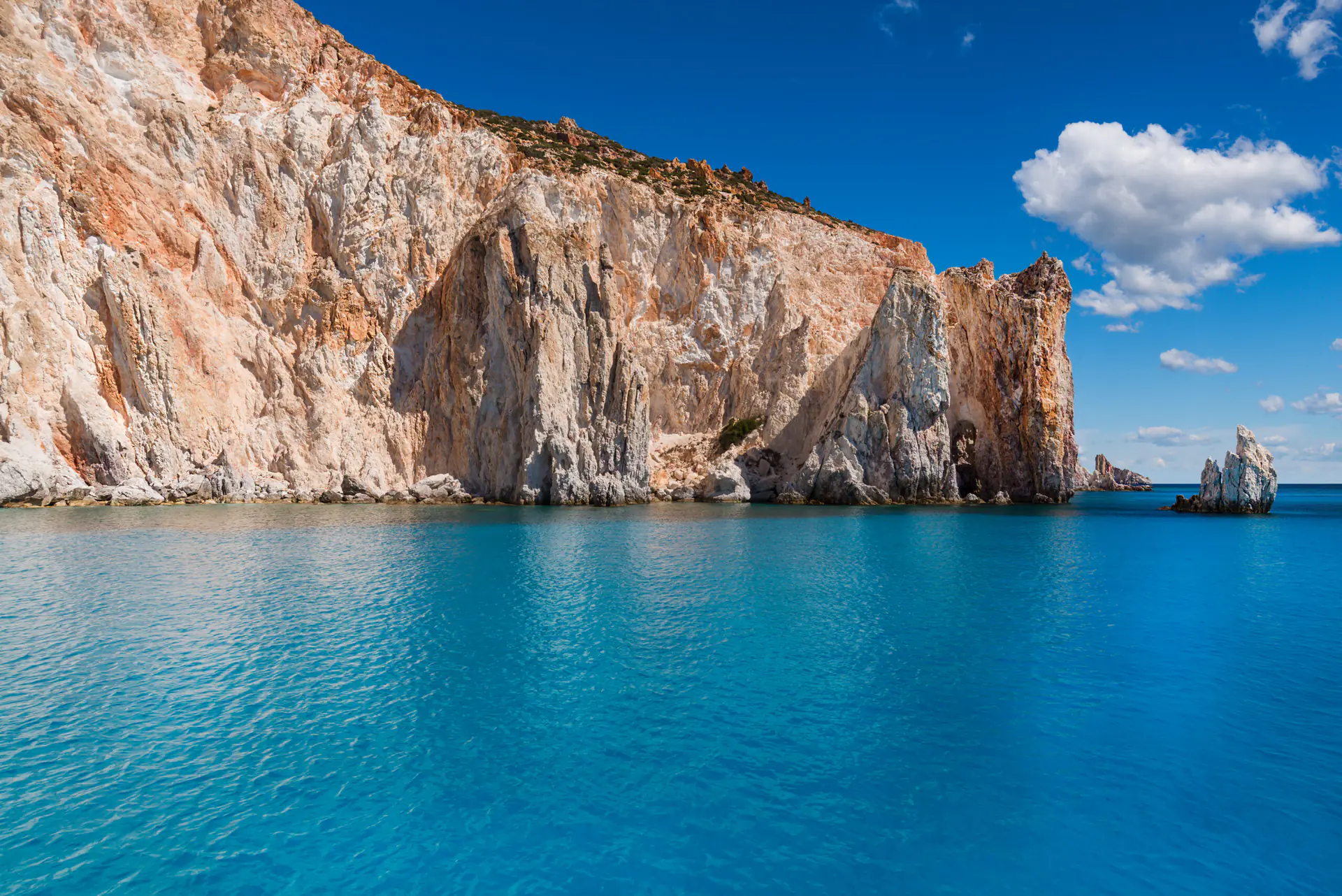 Tall orange cliffs over turquoise sea at Polyaigos